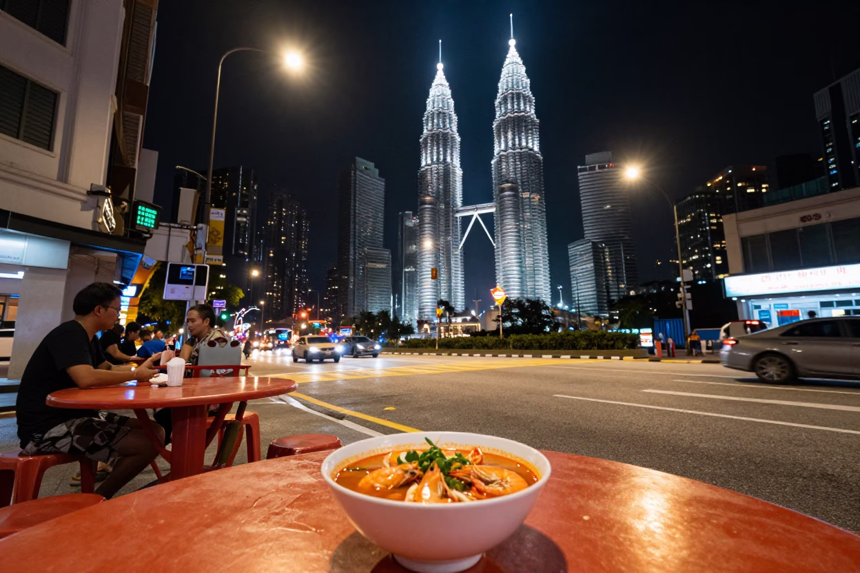Deep Night Street Scene in Kuala Lumpur Malaysia with Neon Lights and Local Dining in in Kuala Lumpur, Malaysia