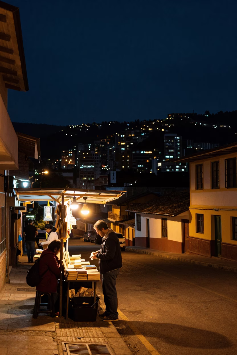 Deep Night Street Scene in Medellin Colombia with Bookstall Amber Light in in Medellin, Colombia