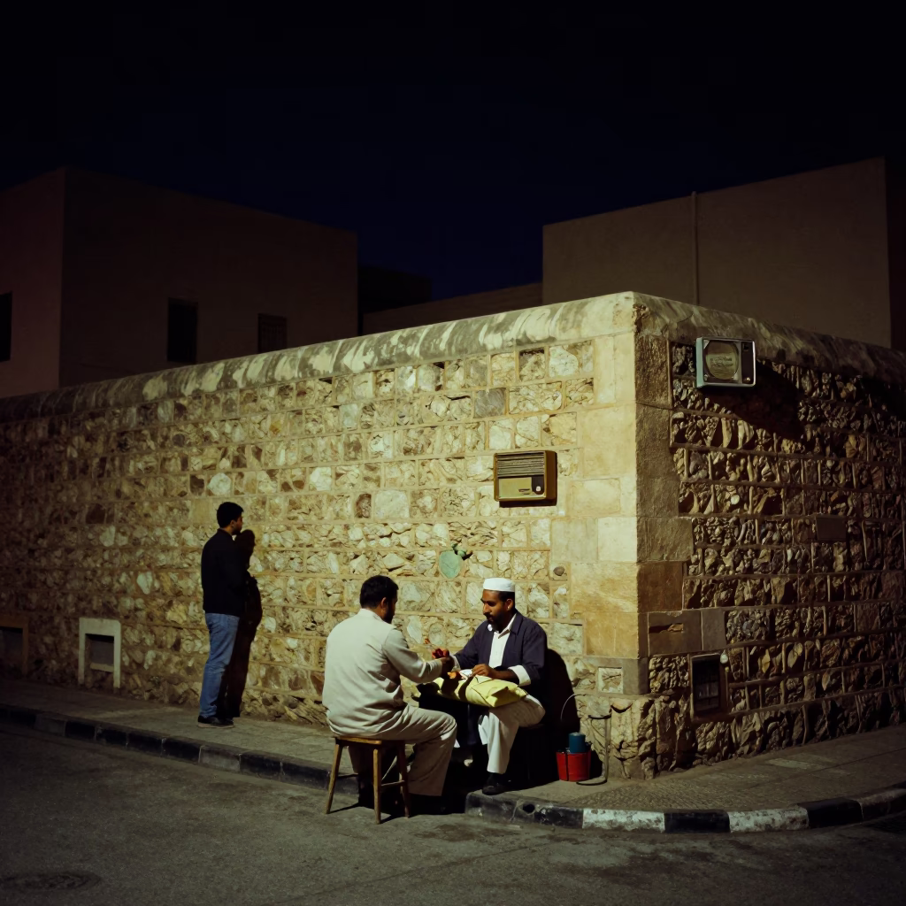 Deep Night Street Scene in Muscat Oman with Vintage Radio and Tiffin Tin in in Muscat, Oman