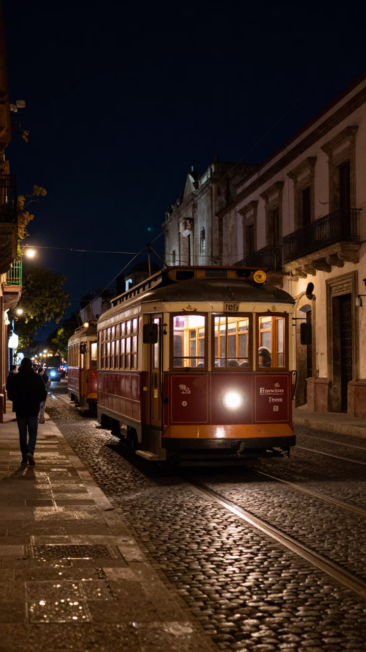 Deep Night Street Scene in Oaxaca Mexico With Heritage Tram and Cobblestone Avenue in in Oaxaca, Mexico