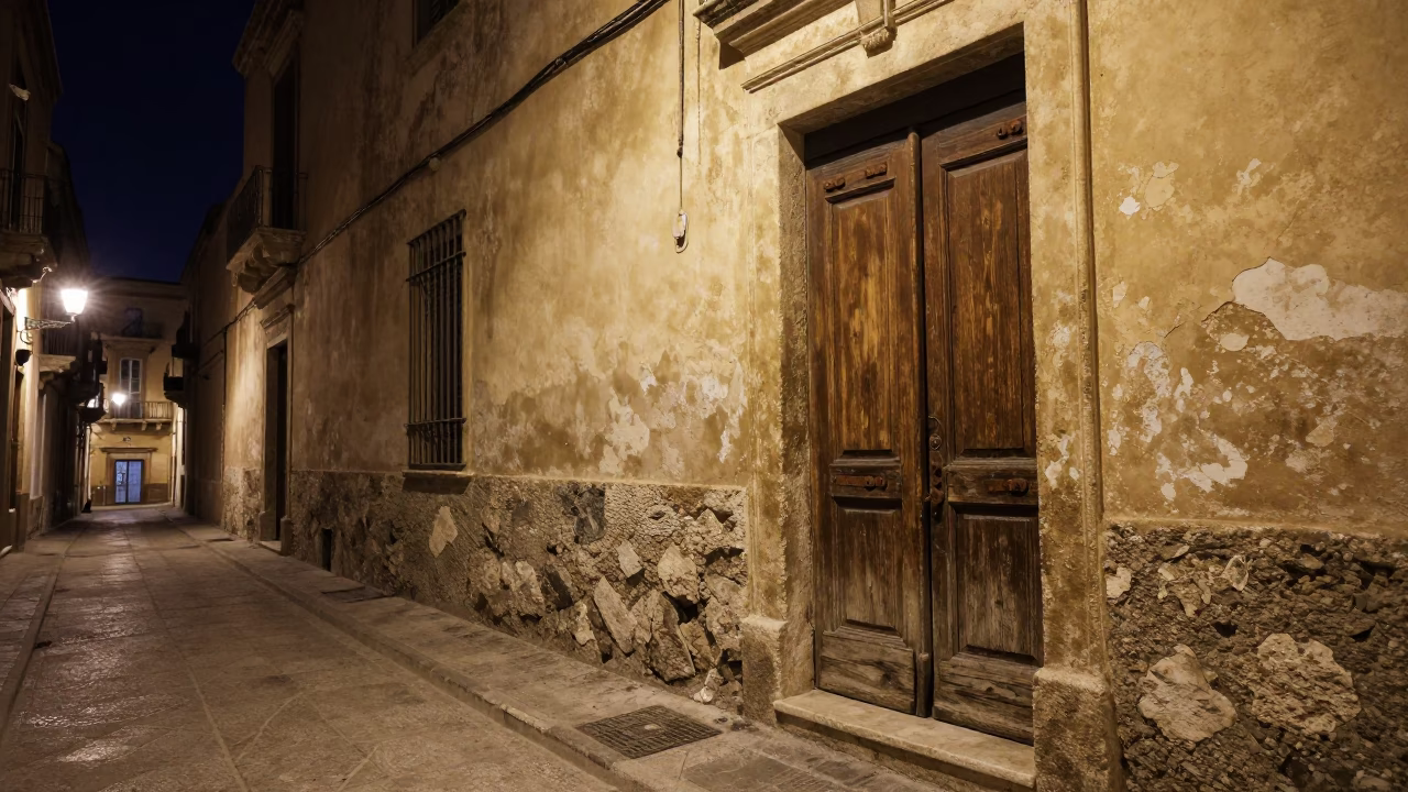 Deep Night Street Scene in Palermo Italy with Vintage 1970s Atmosphere in in Palermo, Italy