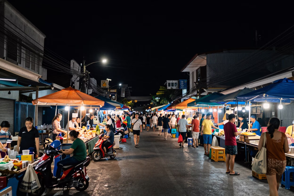 Deep Night Street Scene in Phuket Thailand with Local Market Activity in in Phuket, Thailand