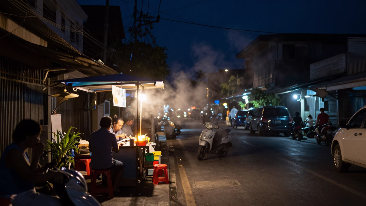 Deep Night Street Scene in Phuket Thailand with Steam Haze and Candle Holder in in Phuket, Thailand