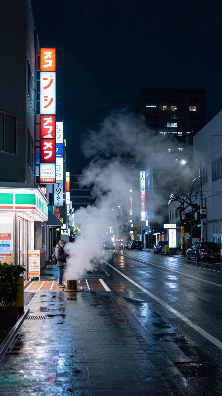 Deep Night Street Scene in Sapporo Japan with Steam and Urban Reflections in in Sapporo, Japan