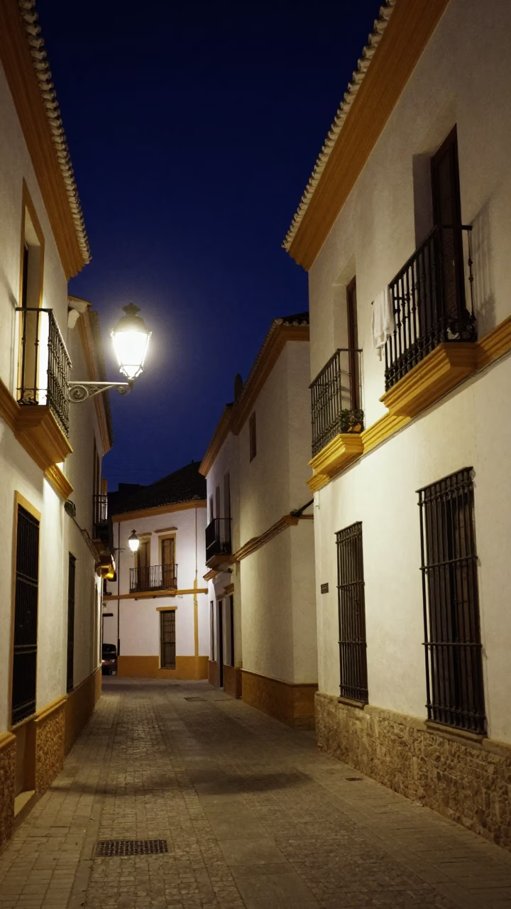 Deep Night Street Scene in Seville Spain with Towel and Brass Details in in Seville, Spain