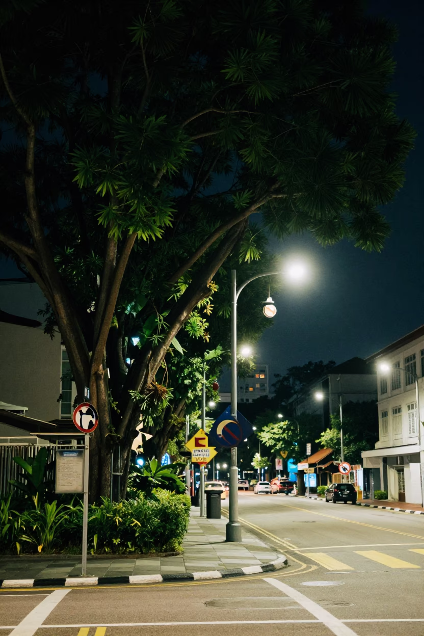 Deep Night Street Scene in Singapore Featuring Banyan Tree and Urban Light in in Singapore, Singapore