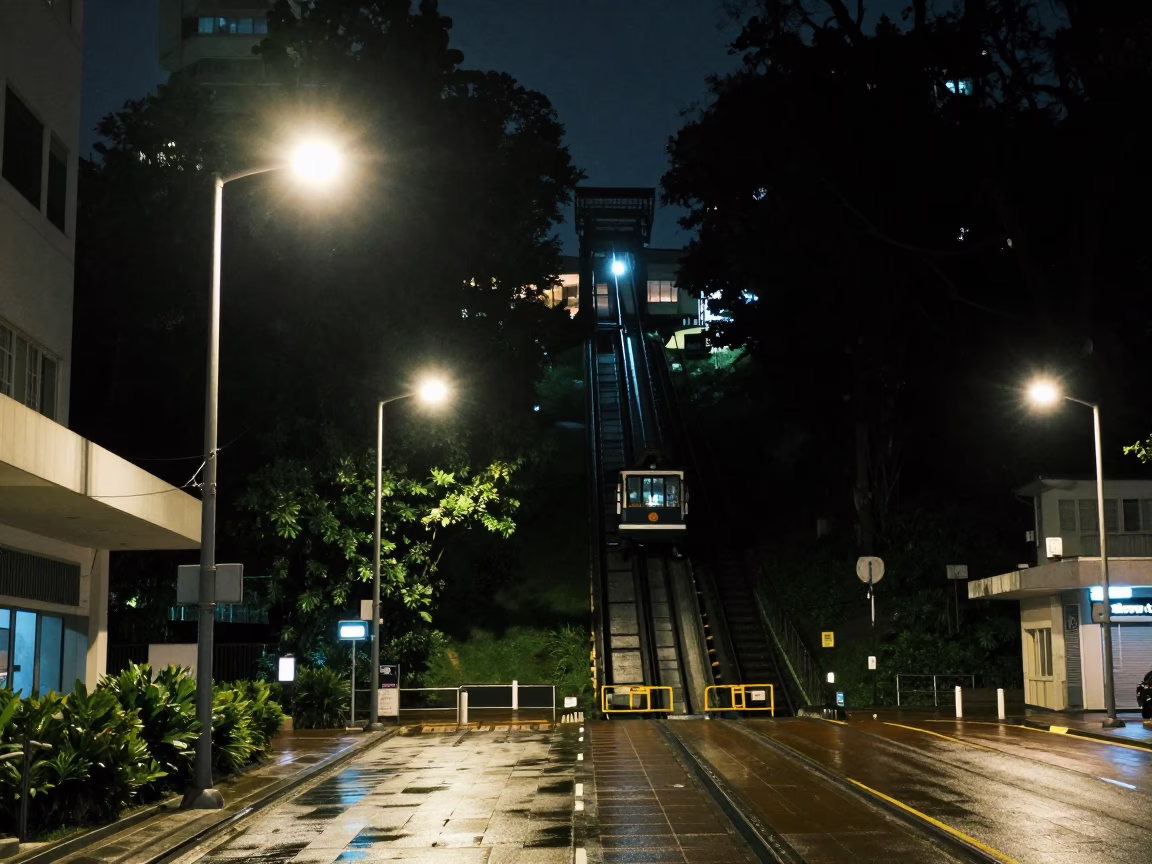 Deep night street scene in Singapore with funicular climbing steep hill under artificial lights in in Singapore, Singapore
