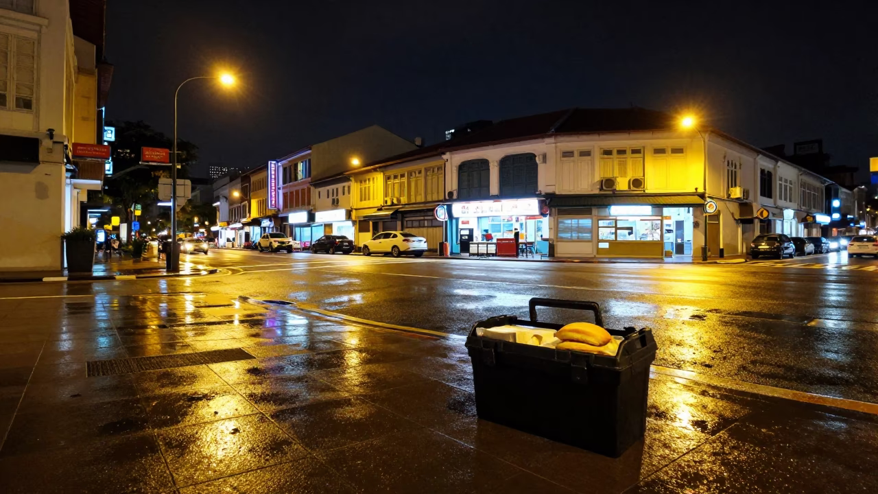 Deep Night Street Scene in Singapore with Toolbox and Bread Loaves in in Singapore, Singapore