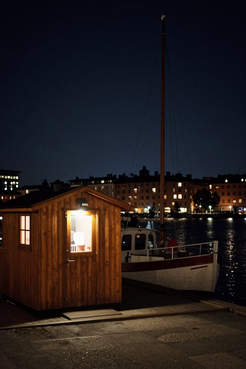 Deep Night Street Scene in Stockholm Sweden with Wooden Sailboat and Crate in in Stockholm, Sweden