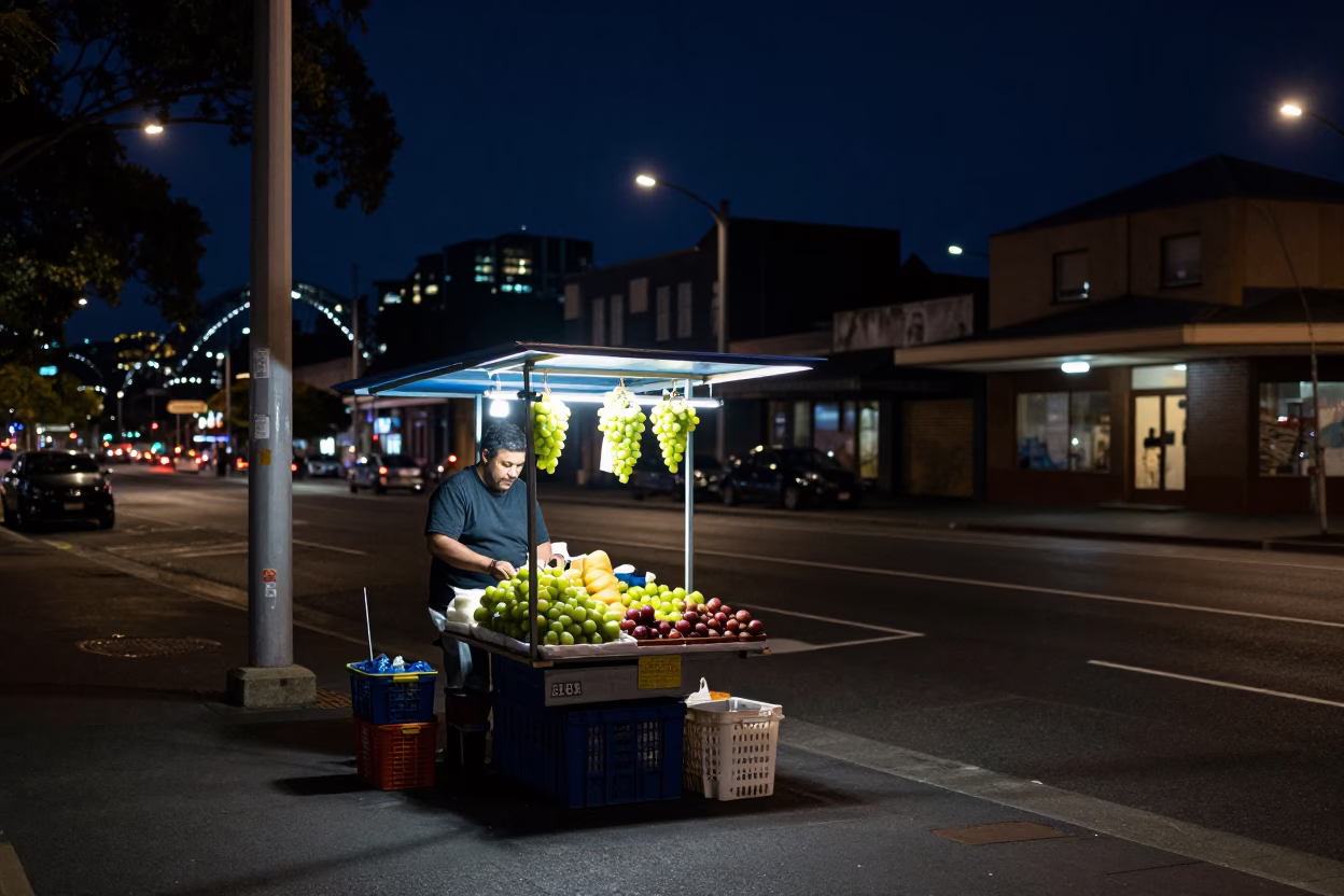 Deep Night Street Scene in Sydney NSW Australia with Grape Vendor and Urban Architecture in in Sydney, New South Wales, Australia