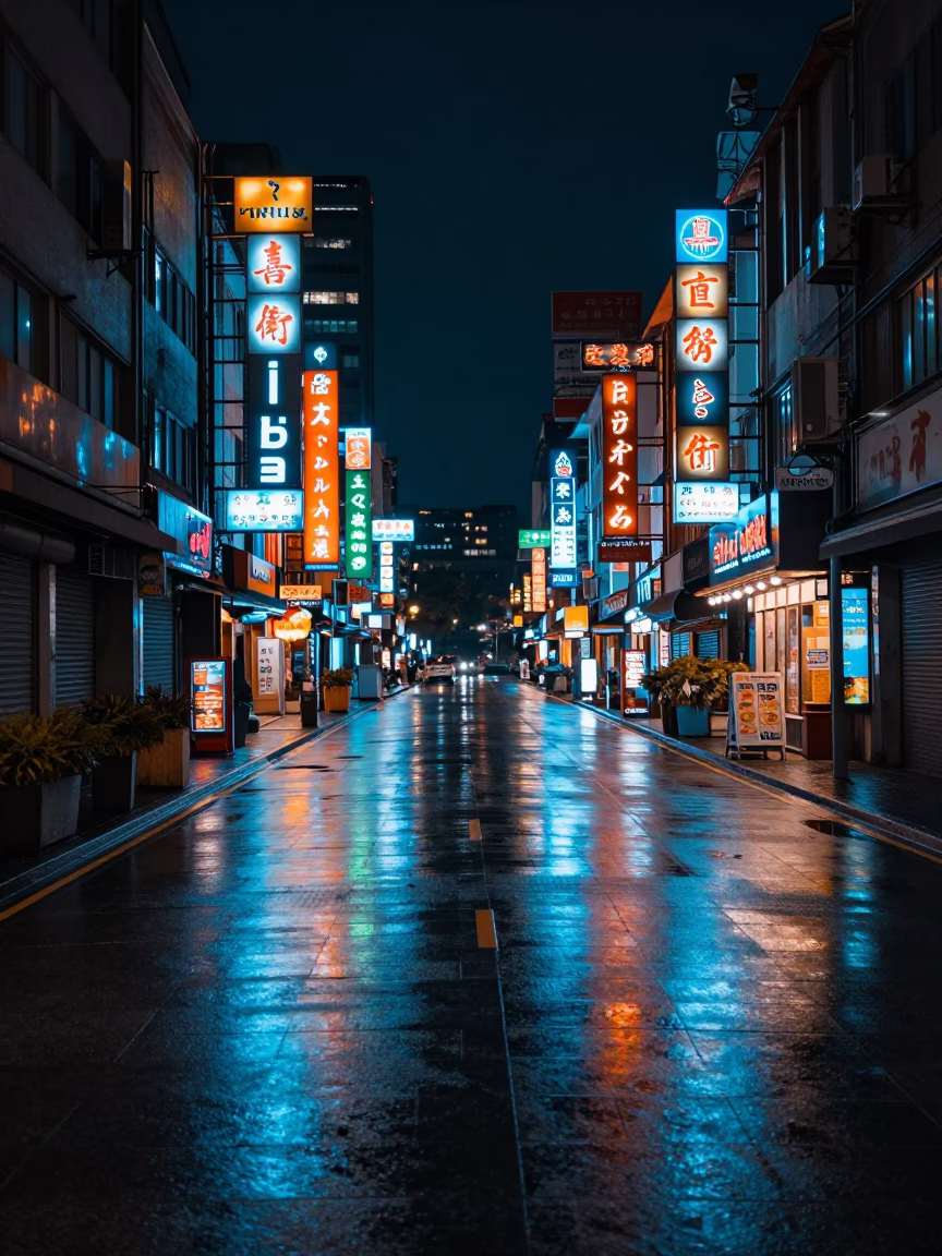 Deep Night Street Scene in Taipei Taiwan with Neon Reflections and Urban Details in in Taipei, Taiwan