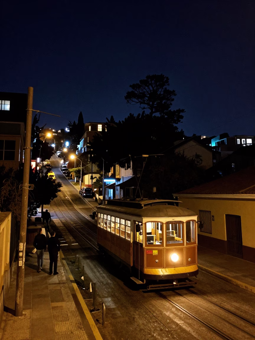 Deep Night Street Scene in Valparaiso Chile With Vintage Tramcar on Hillside Boulevard in in Valparaiso, Chile