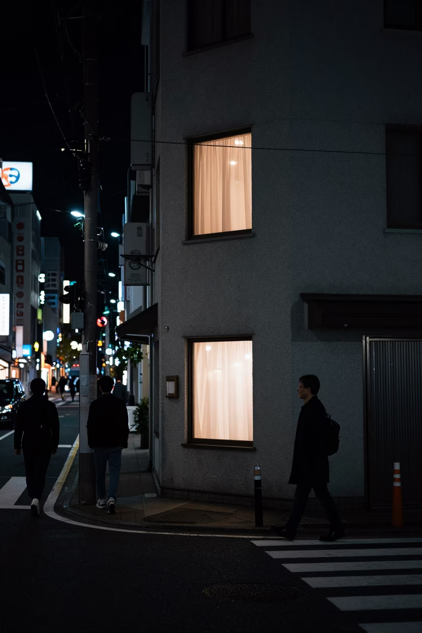 Deep Night Tokyo Street Scene with Window Light on Plaster Wall and Fountain Pen in in Tokyo, Japan