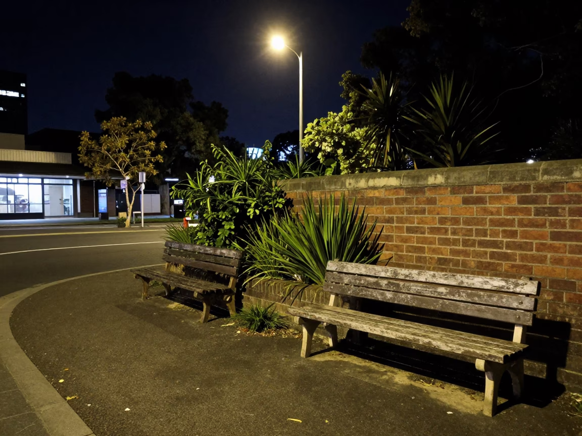 Deep Night Urban Landscape of Adelaide South Australia with Garden Benches and Padlock Detail in in Adelaide, South Australia, Australia