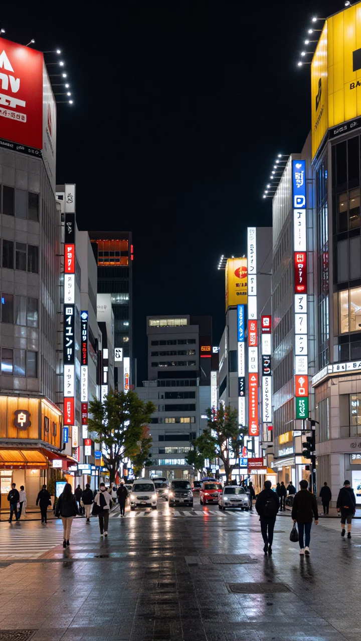 Deep Night Urban Landscape of Osaka Japan with Neon Reflections and Street Life in in Osaka, Japan