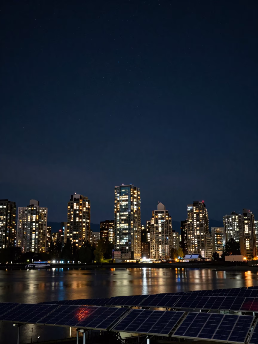 Deep Night Vancouver Skyline and Solar Array Reflections in in Vancouver, British Columbia, Canada