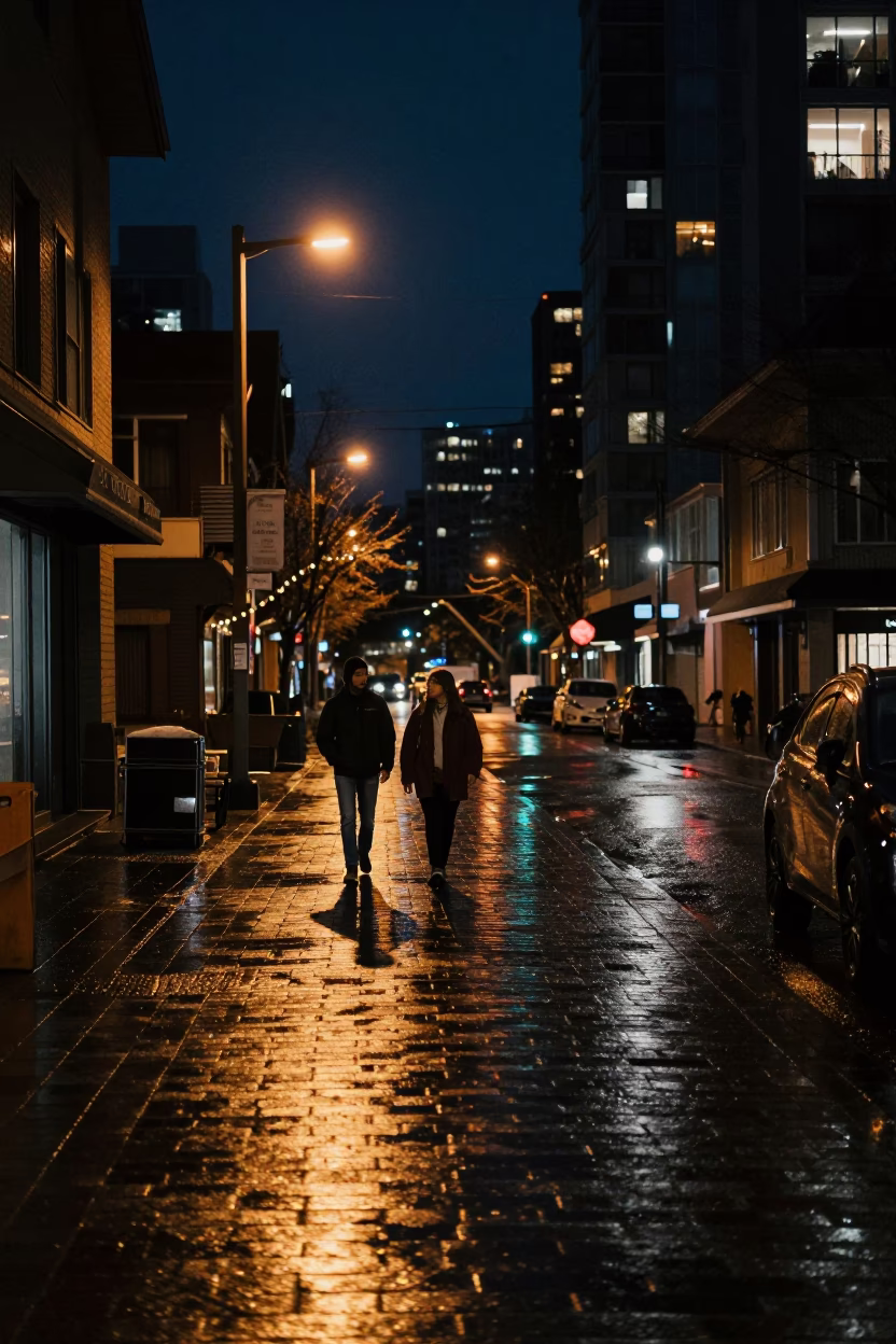 Deep Night Vancouver Street Scene with Damp Flagstones and Urban Reflections in in Vancouver, British Columbia, Canada