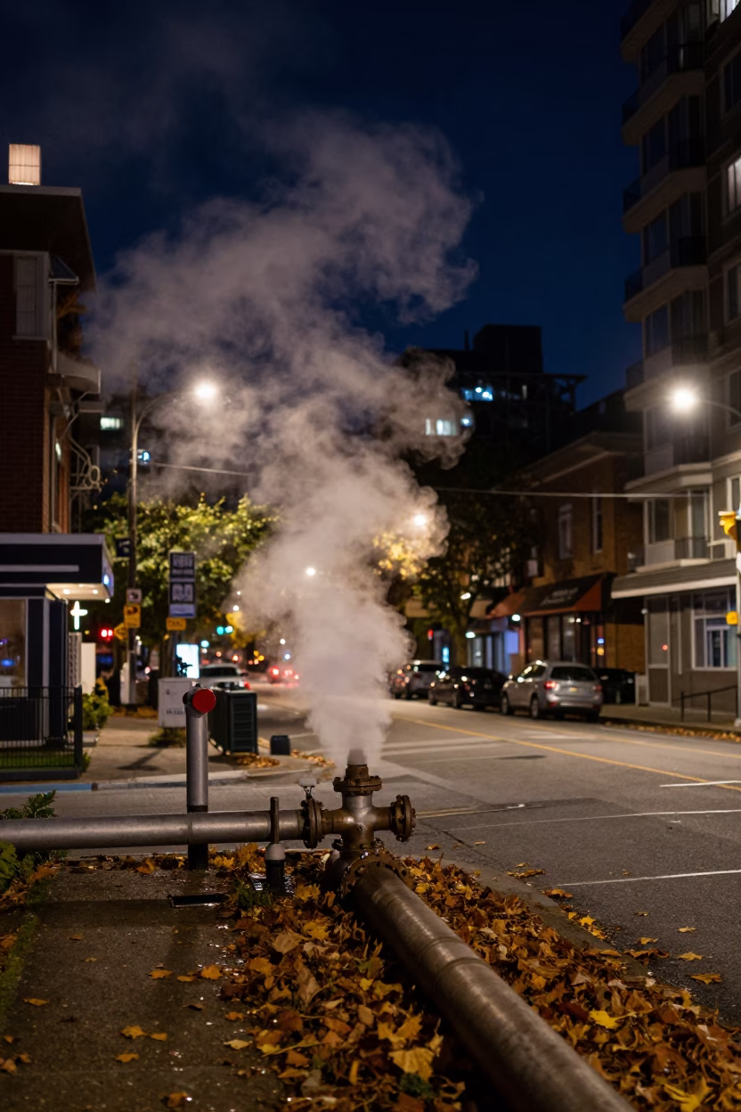 Deep Night Vancouver Street Scene with Steaming District Heating Pipe and Autumn Leaves in in Vancouver, British Columbia, Canada