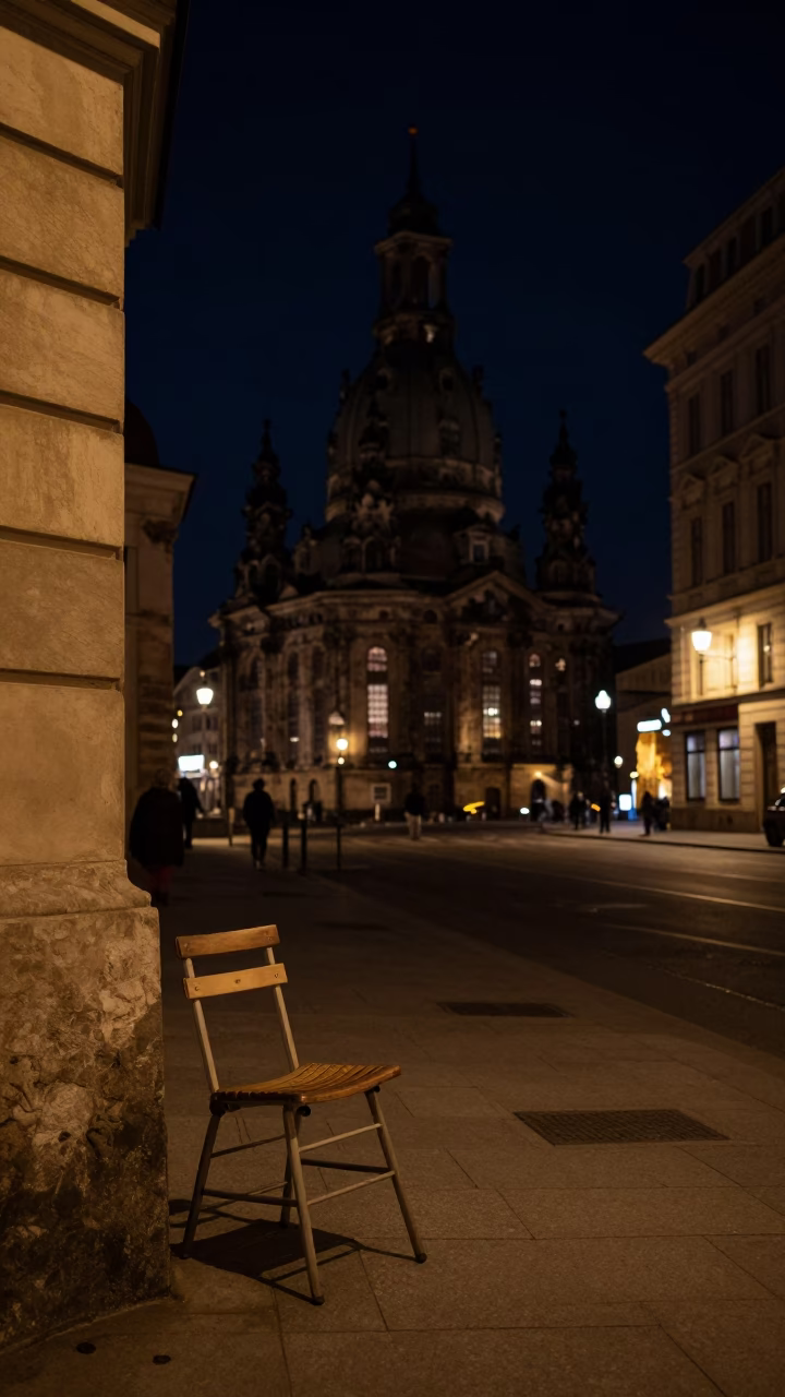 Deep Night Vienna Street Scene with Classic Ladder-Back Chair and Urban Atmosphere in in Vienna, Austria