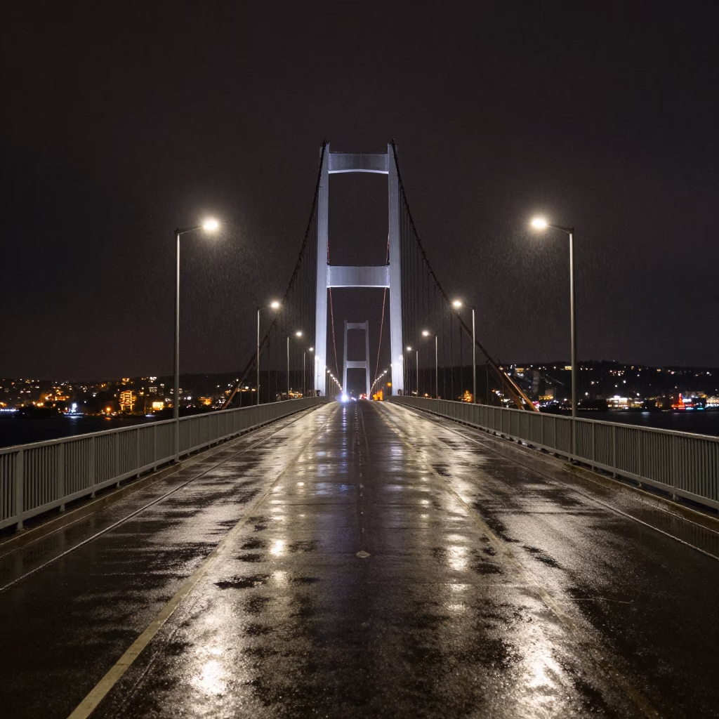 Deep Night View of Izmir Bay Suspension Bridge Deck Shining After Storm in in Izmir, Turkey