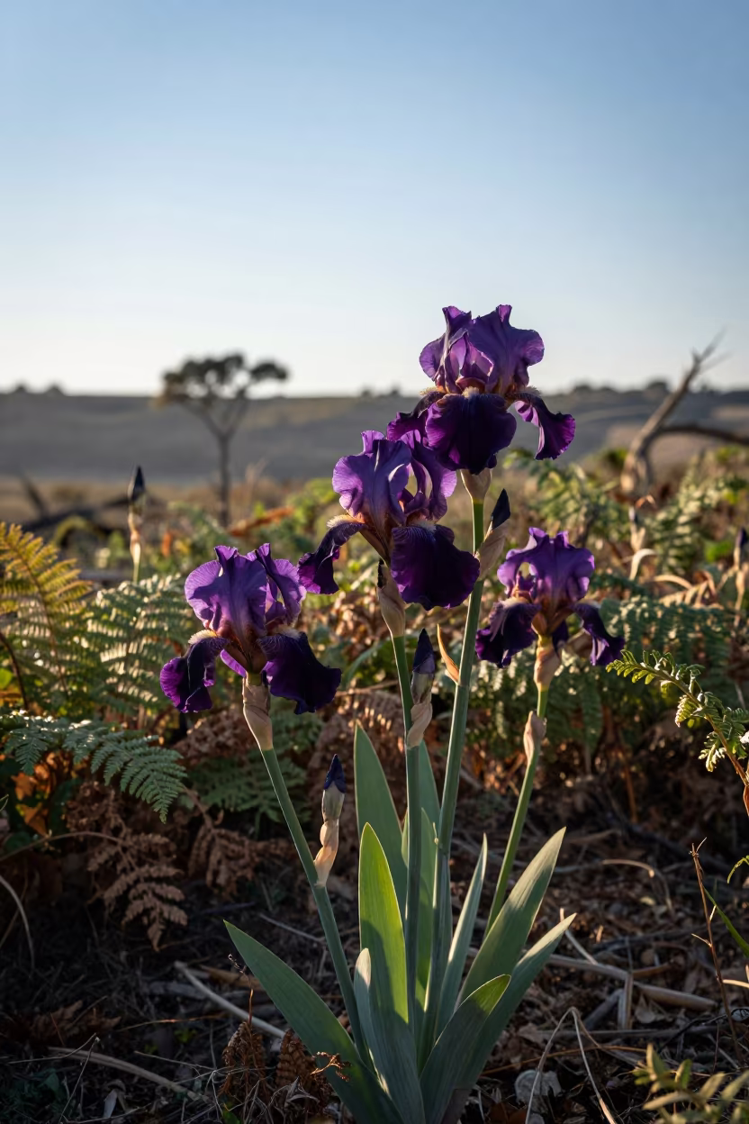Deep Purple Iris Garden in Israeli Forest in on a fern-lined forest floor in Israel
