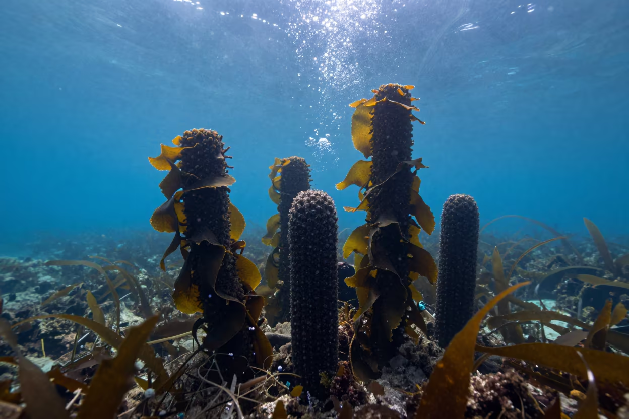 Deep Sea Black Smokers Behind Kelp Forest in through a forest of kelp fronds in Catalonia
