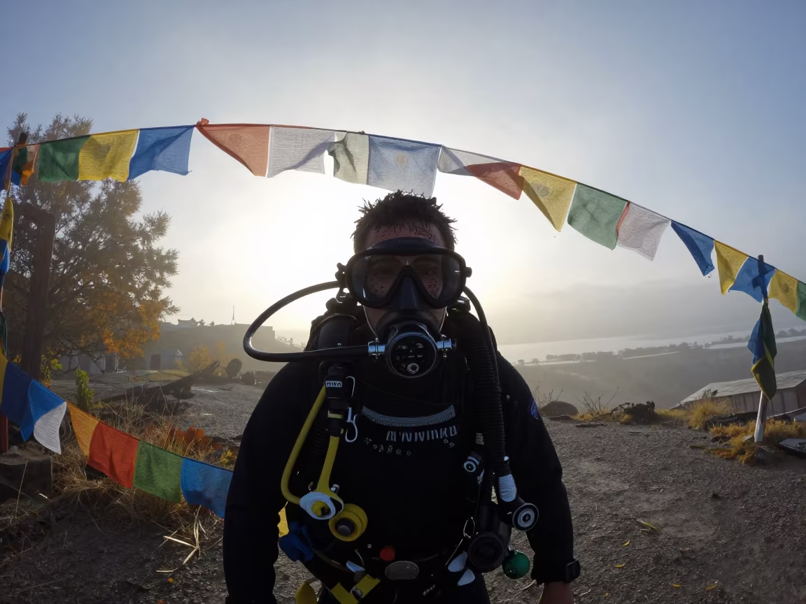 Deep Sea Diver Portrait Near Prayer Flags in beneath a line of prayer flags near Foz, Porto