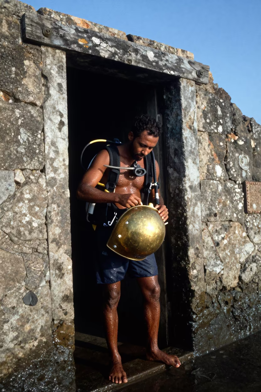 Deep Sea Diver Removes Brass Helmet Near Mombasa in against a weathered doorway near Mombasa