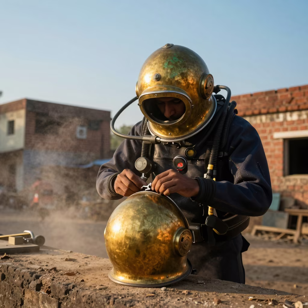Deep Sea Diver Removing Brass Helmet in Mumbai Square in at the edge of a village square near Mumbai