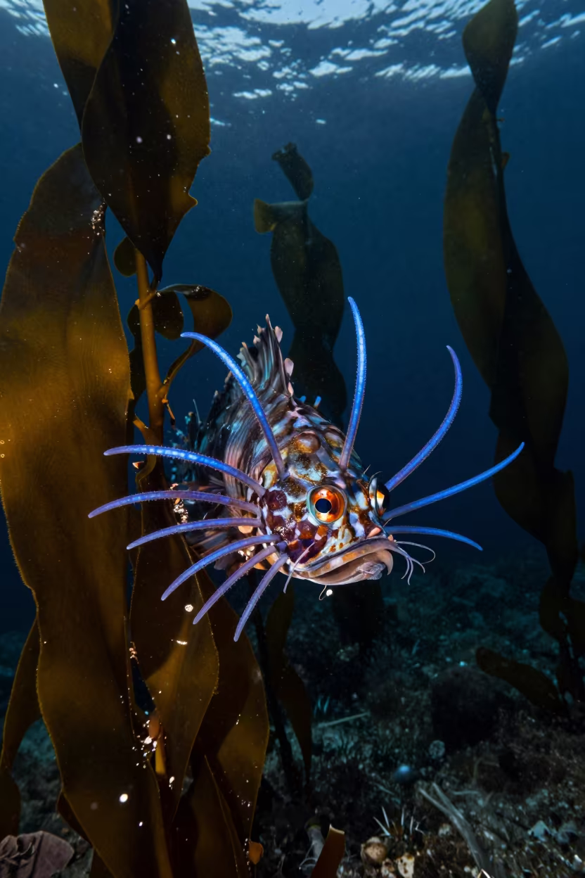 Deep Sea Dragonfish Glowing Barbel Winter Dawn in along a kelp-fringed shelf near Sant Antoni, Barcelona