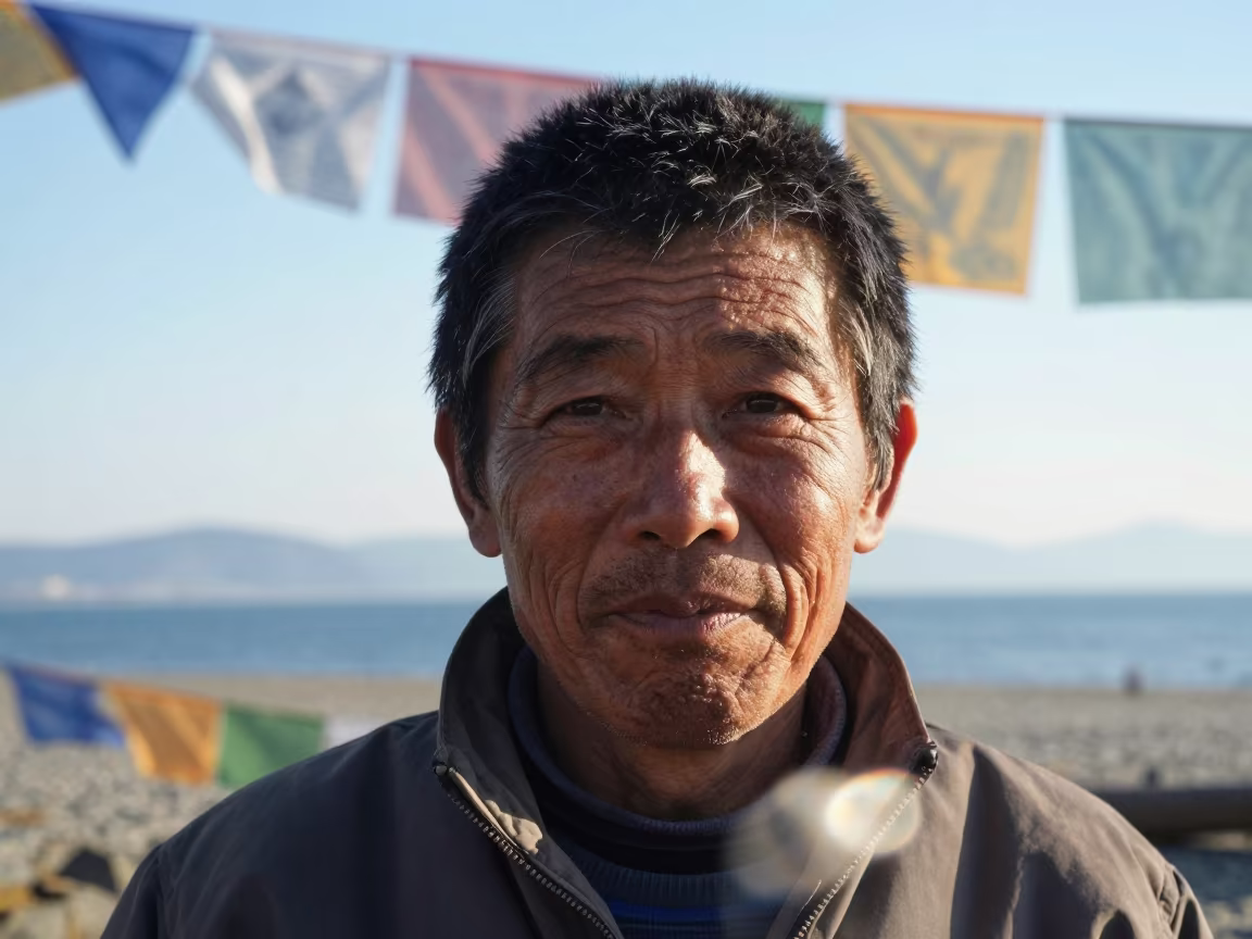 Deep Sea Fisherman Eyes Under Winter Prayer Flags in beneath a line of prayer flags near Fukuoka