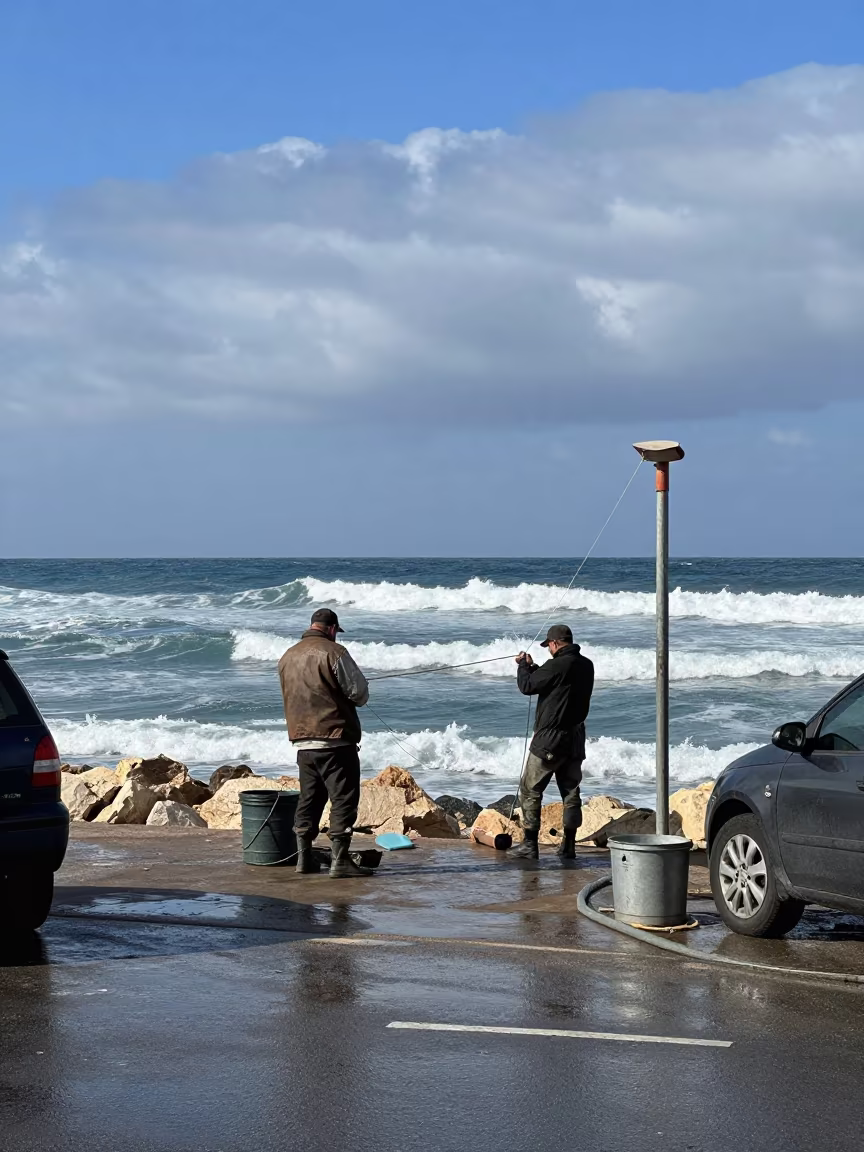 Deep Sea Fisherman Hauling Line Near Tel Aviv in at a roadside stop near Tel Aviv