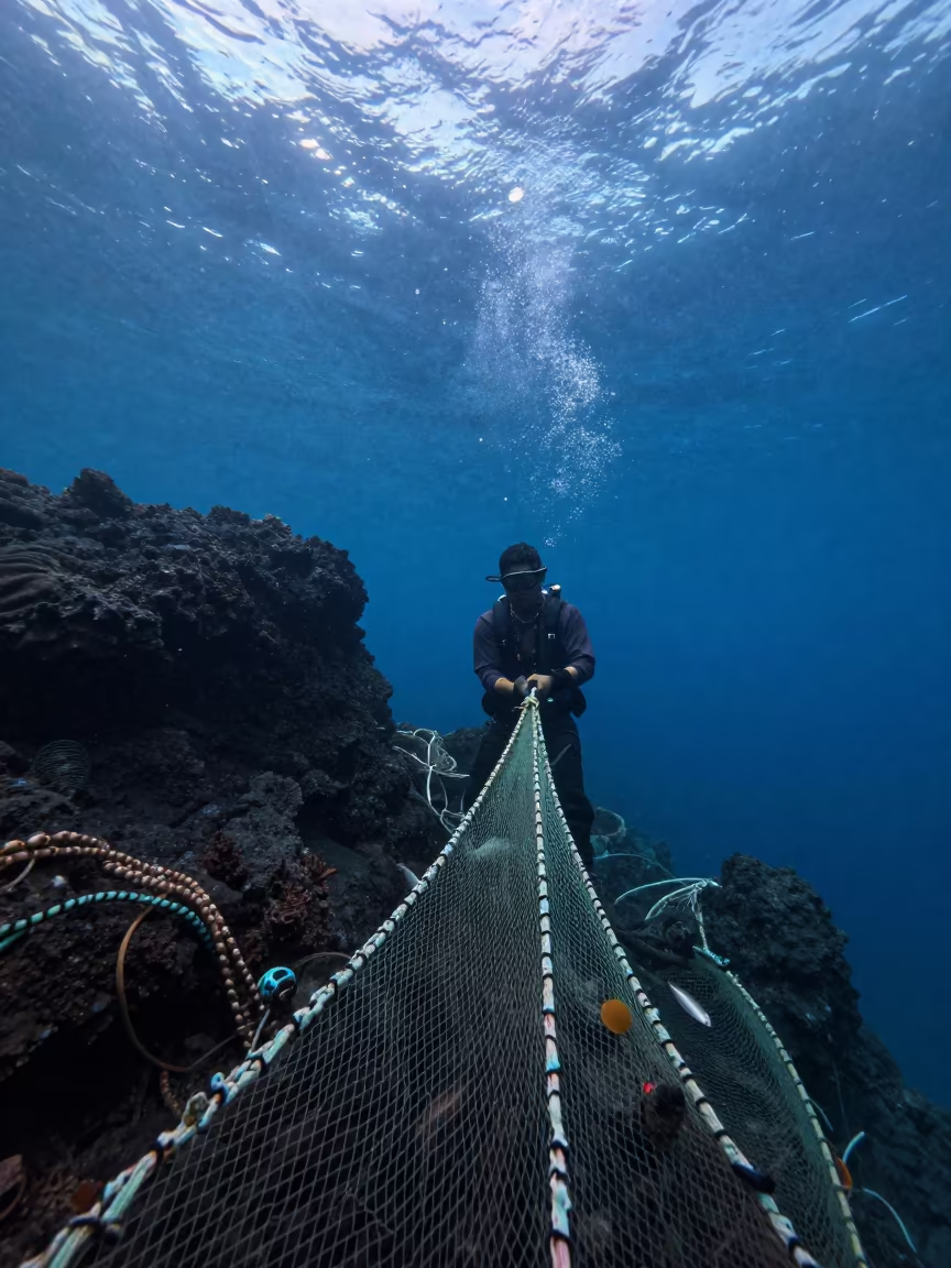 Deep Sea Fisherman Hauling Nets Near Fukuoka in beside a volcanic drop-off near Fukuoka