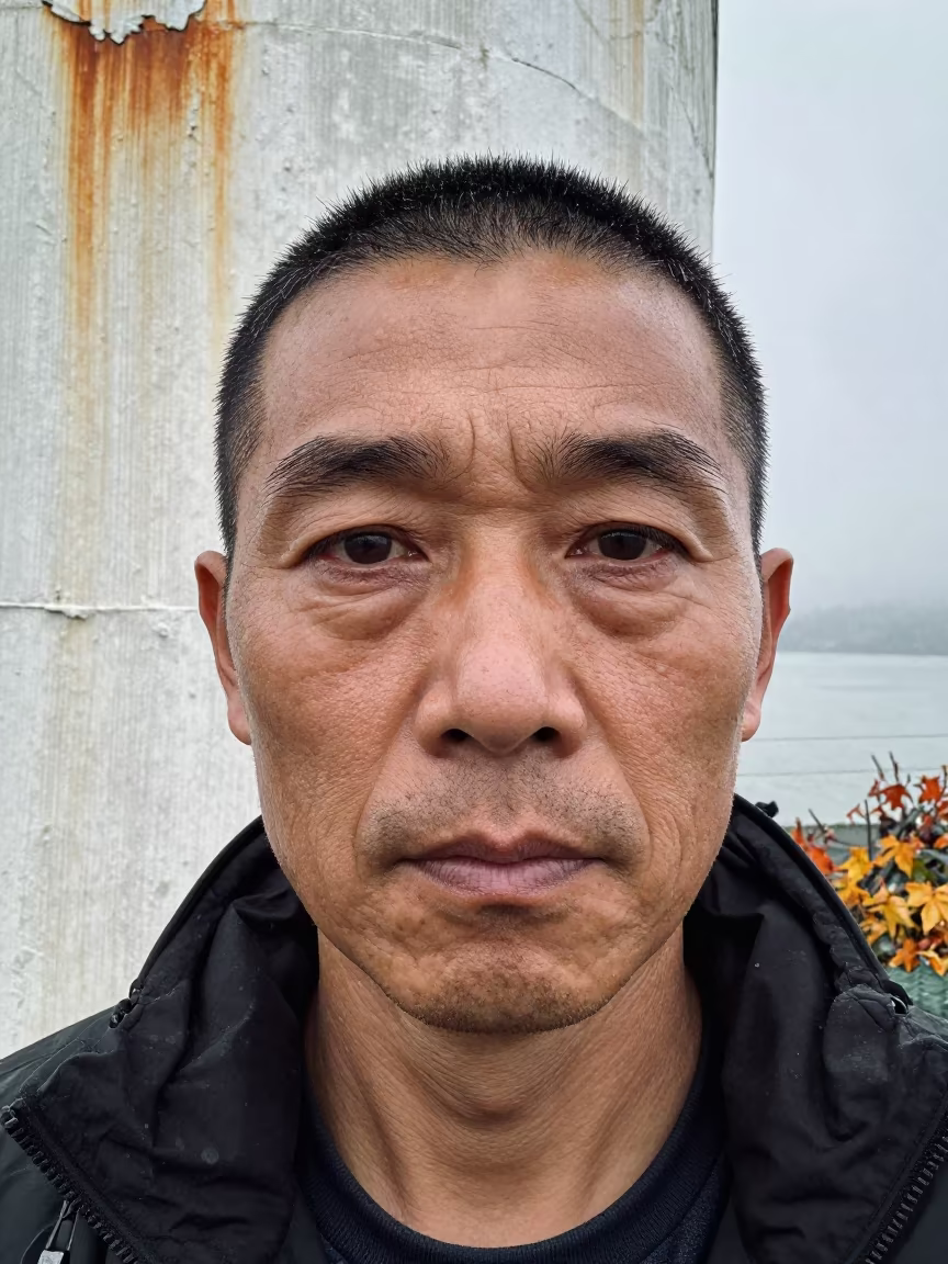 Deep Sea Fisherman Sun Creased Eyes Portrait in against a sun-bleached plaster wall near Vancouver