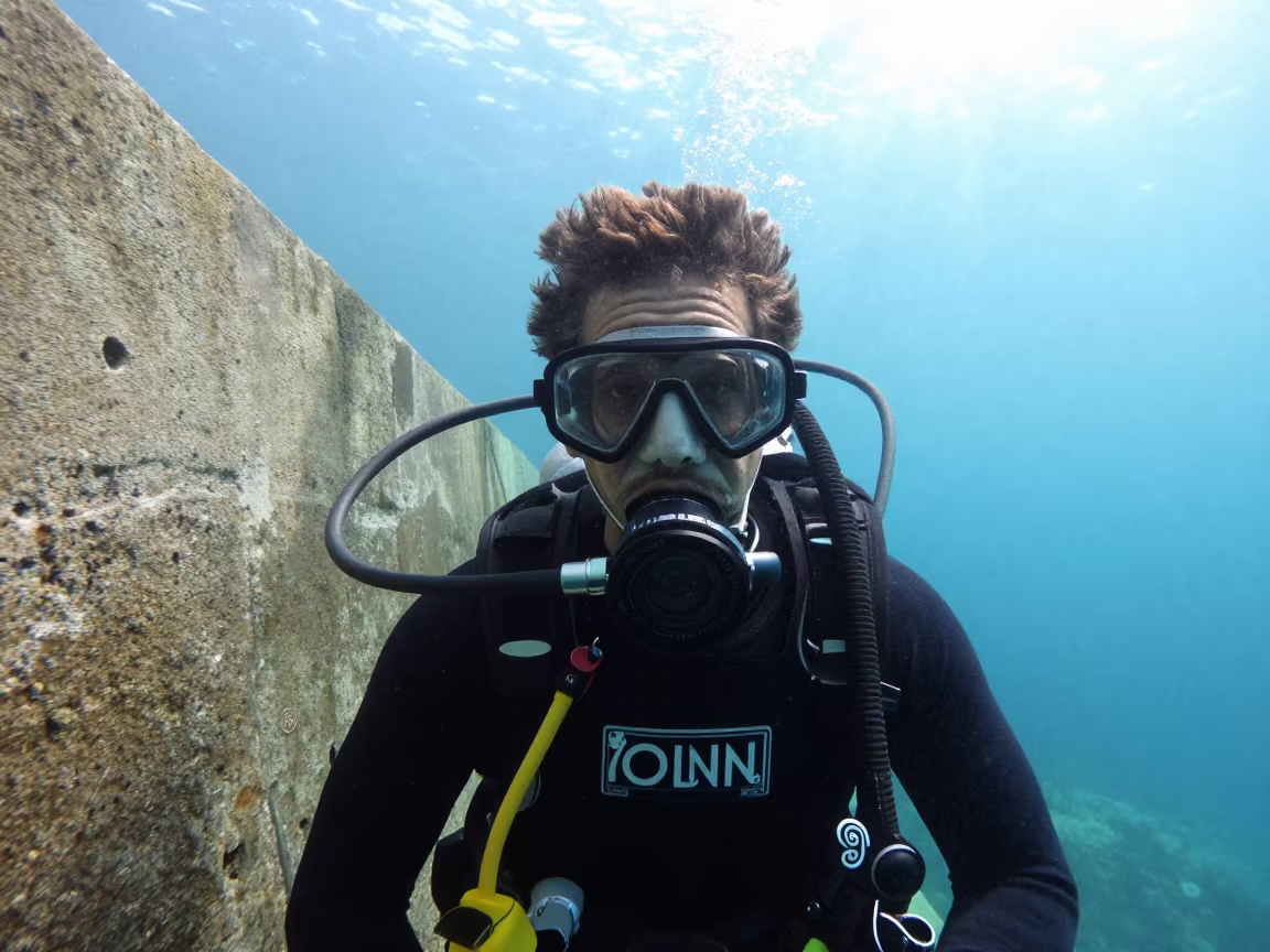 Deep Sea Salvage Diver Portrait with Pressure Marks in beside a harbor wall near Paddington, Sydney