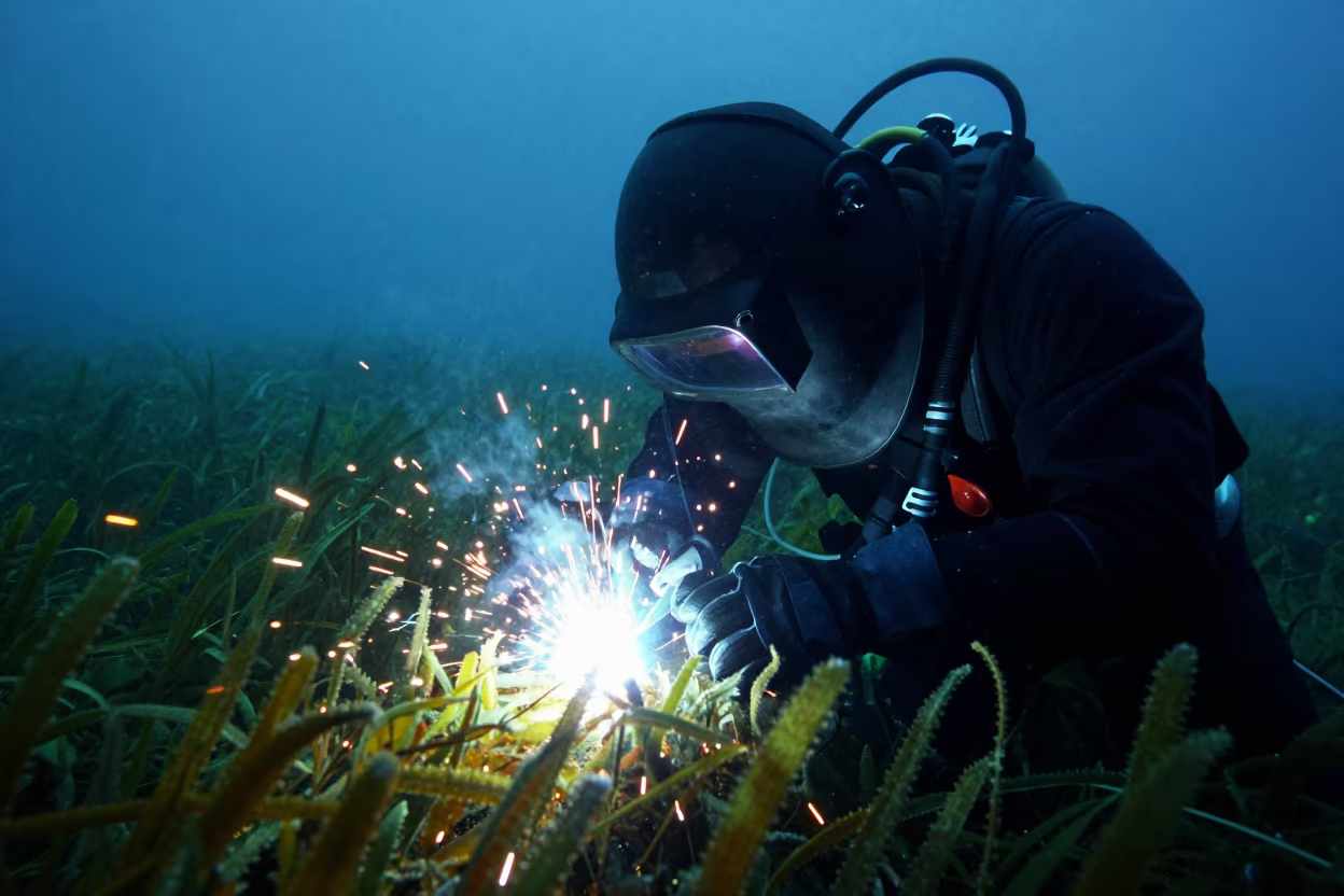 Deep Sea Welder in Murky Green Twilight in above a seagrass meadow near Sydney