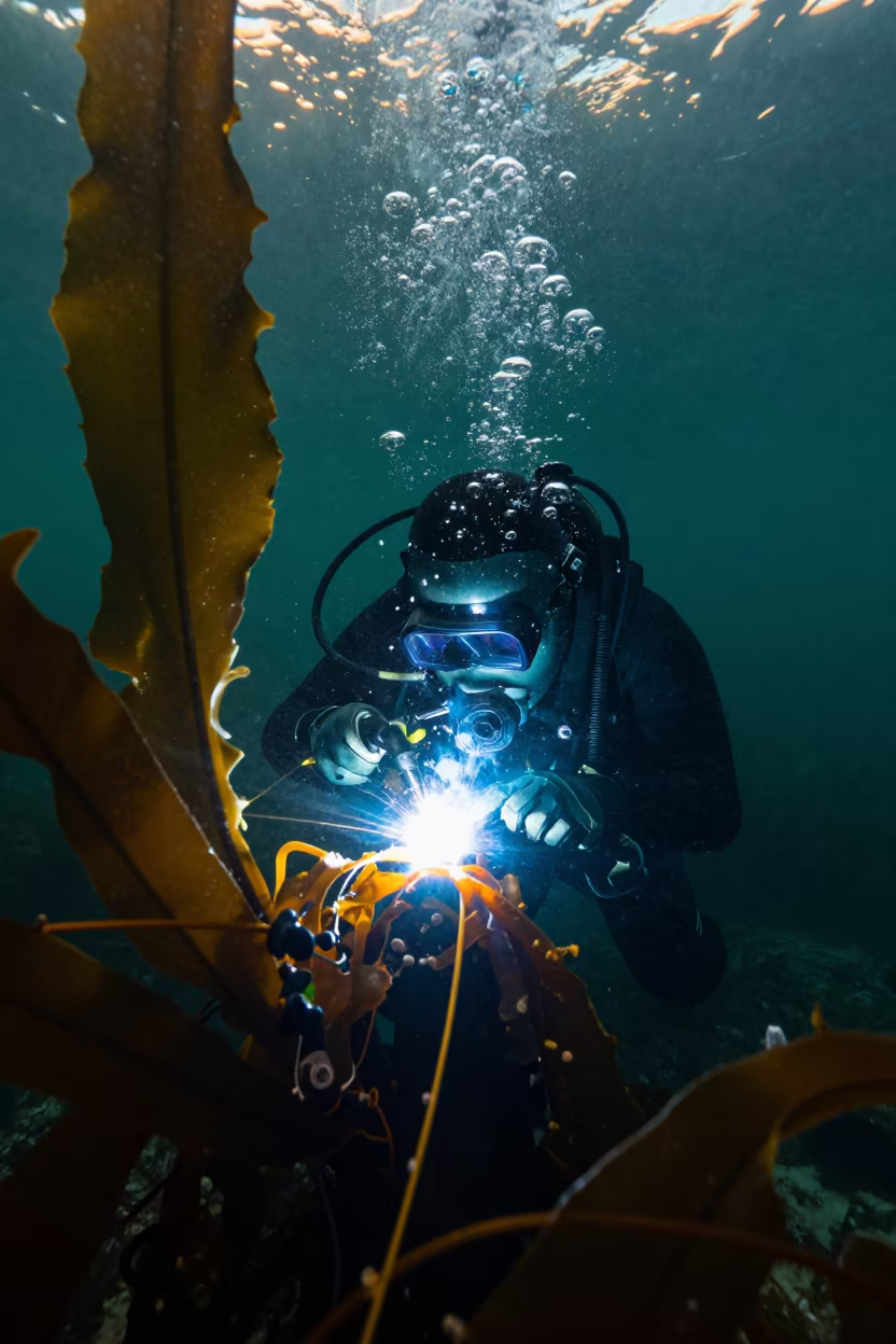 Deep Sea Welder in Orange Sunset Light in along a kelp-fringed shelf near Karangahape Road, Auckland