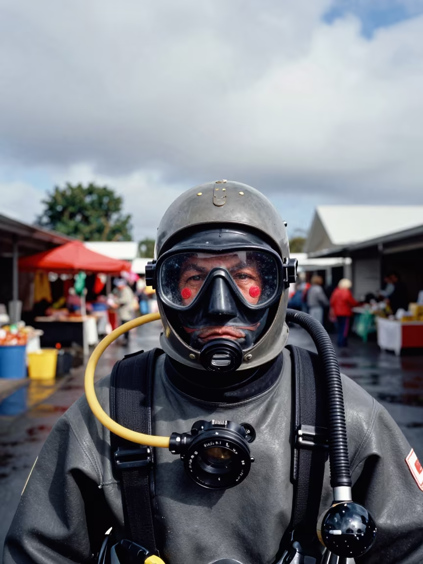 Deep Sea Welder Portrait with Mask Marks in Auckland in along a market lane in Auckland