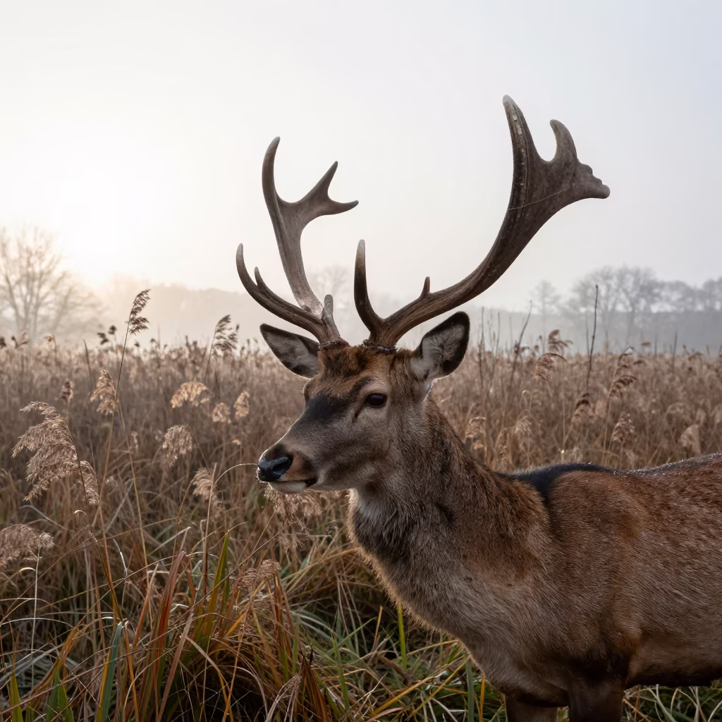 Deer Velvet Antlers Reed Bed Haze in at the edge of a reed bed in Piedmont