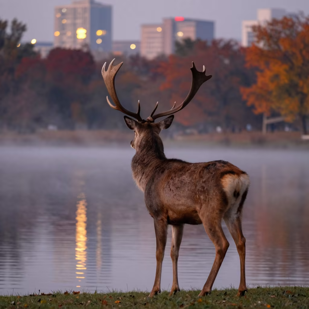 Deer Velvet Antlers Reflected Autumn Fog in near Shorouk
