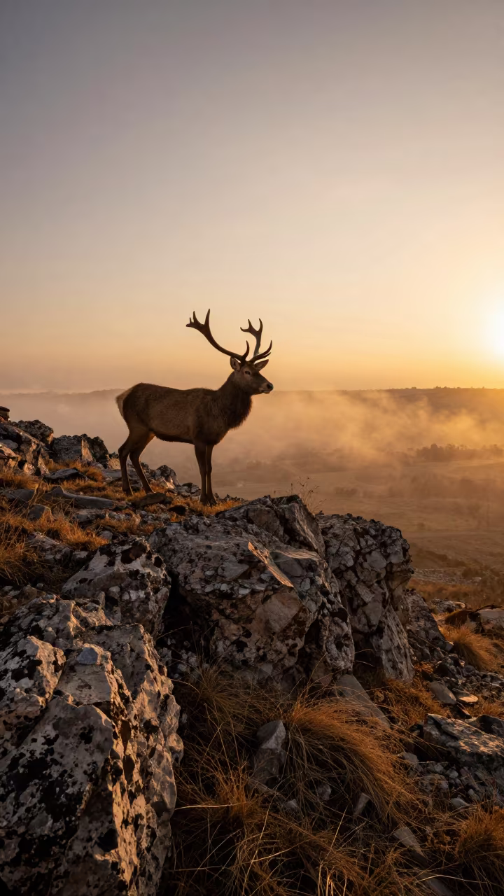 Deer Velvet Antlers Winter Evening Ridge in on a wind-scoured ridge near Cordoba