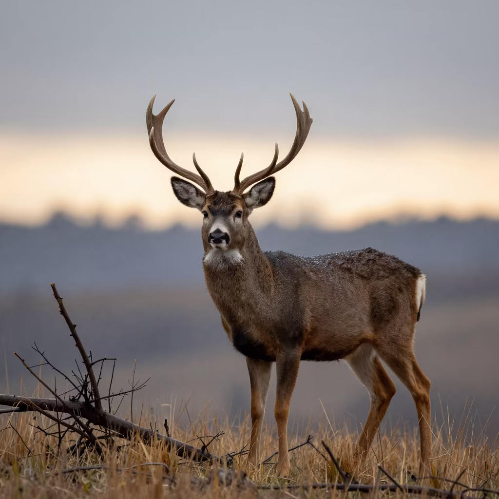 Deer with Velvet Antlers on Winter Ridge at Dawn in on a wind-scoured ridge near La Victoria