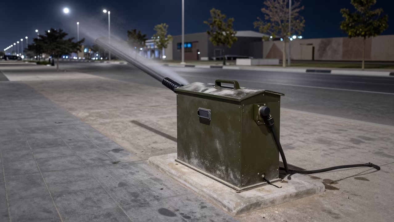 Deicer Wand Nozzle Box on Doha Parade Ground at Night in on a parade ground near Doha