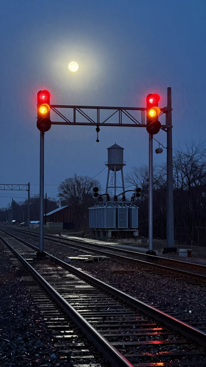 Delaware Signal Gantry Glowing Over Rails in Drizzle in beside a water tower ladder in Delaware