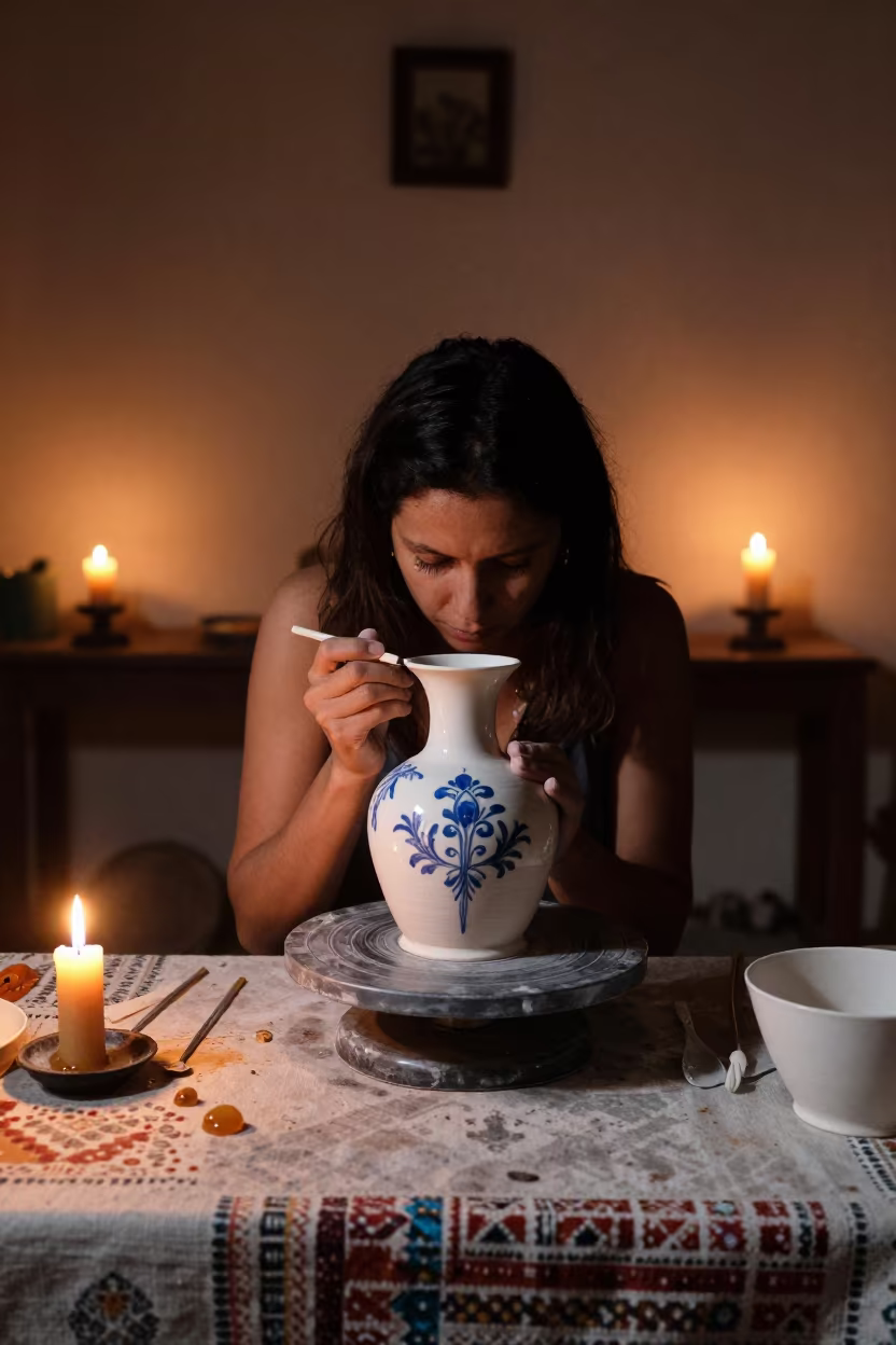 Delft Painter Detailing Blue Porcelain in El Limón in on a textile-covered table in El Limón