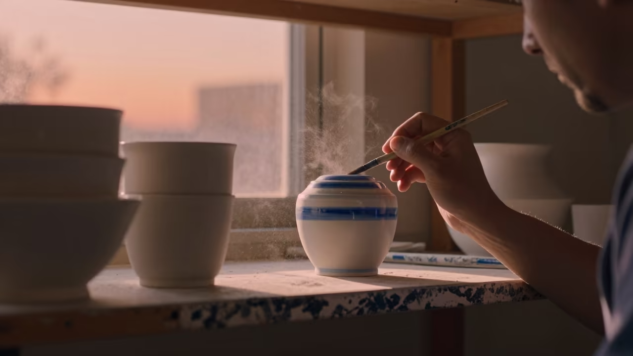Delft Painter Detailing Blue Porcelain Shelf in on a lacquered display shelf in Los Angeles