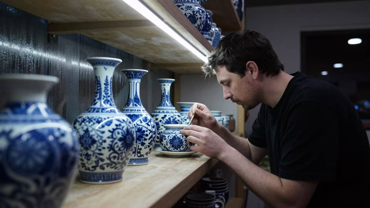 Delft Pottery Painter Details Blue Porcelain in on a lacquered display shelf near Brickell, Miami