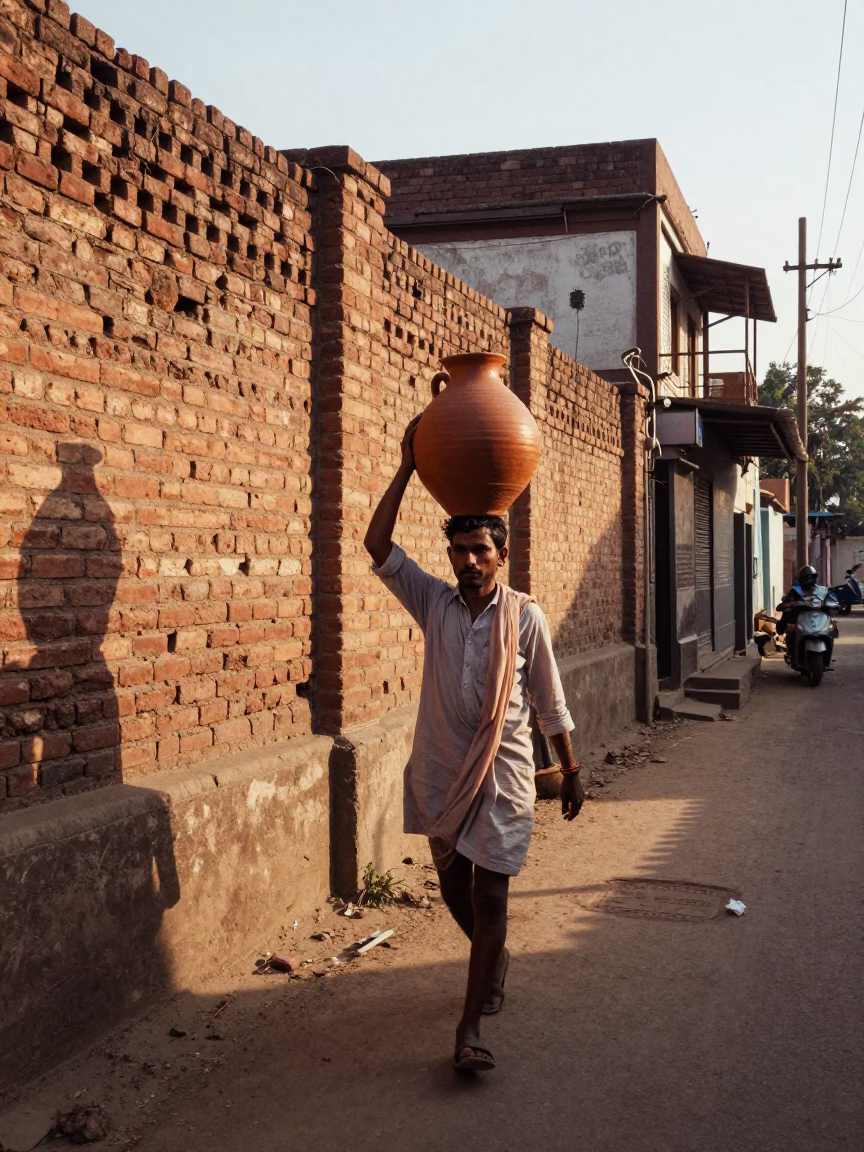 Delhi Baker Carrying Clay Pots in Late Afternoon Light in in Delhi, India