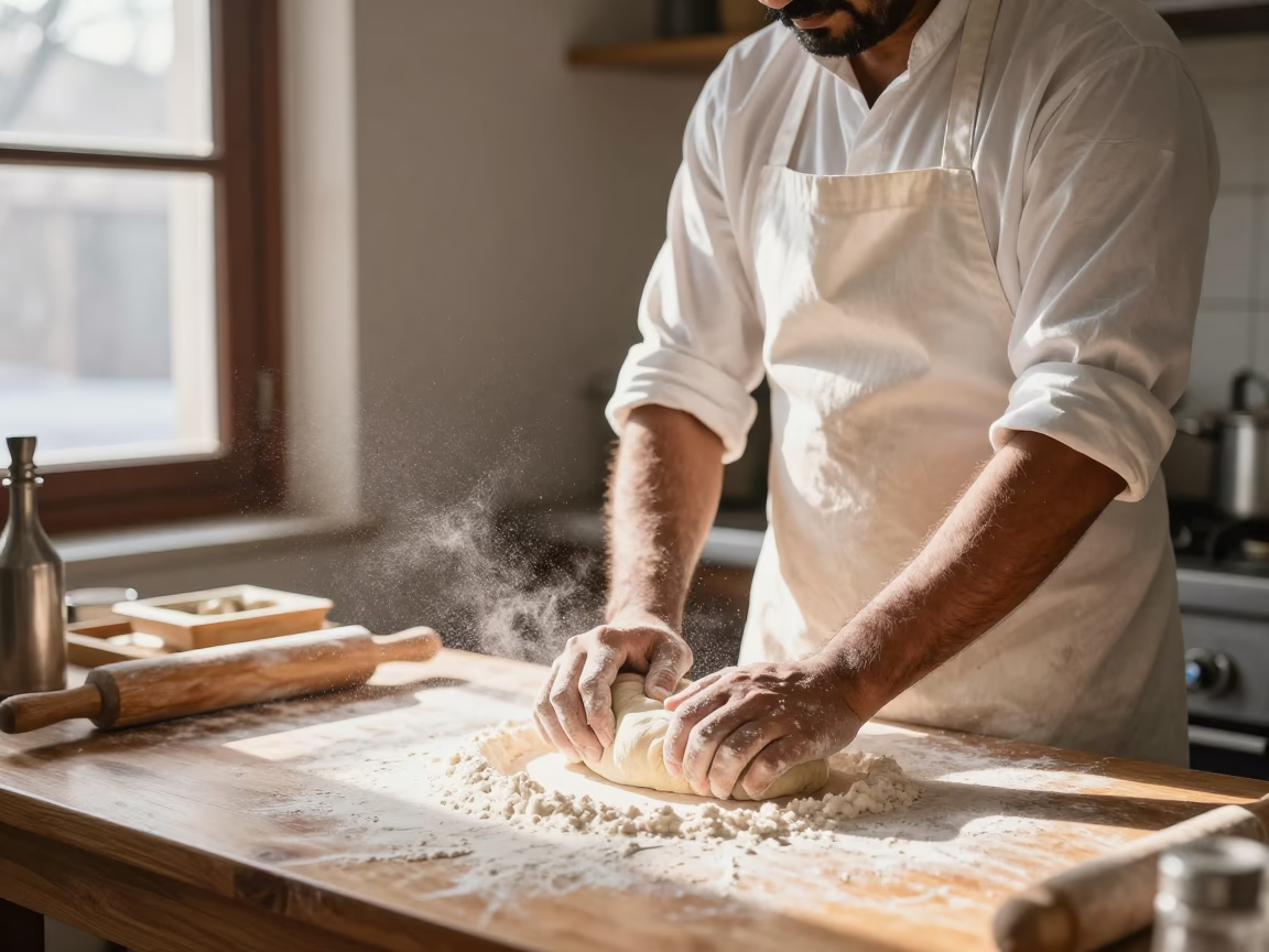 Delhi Baker Mixing Flour in Winter Sunlight Kitchen in in Delhi, India