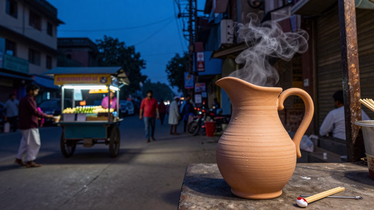 Delhi Blue Hour Street Scene with Ceramic Pitcher and Match Striker in in Delhi, India